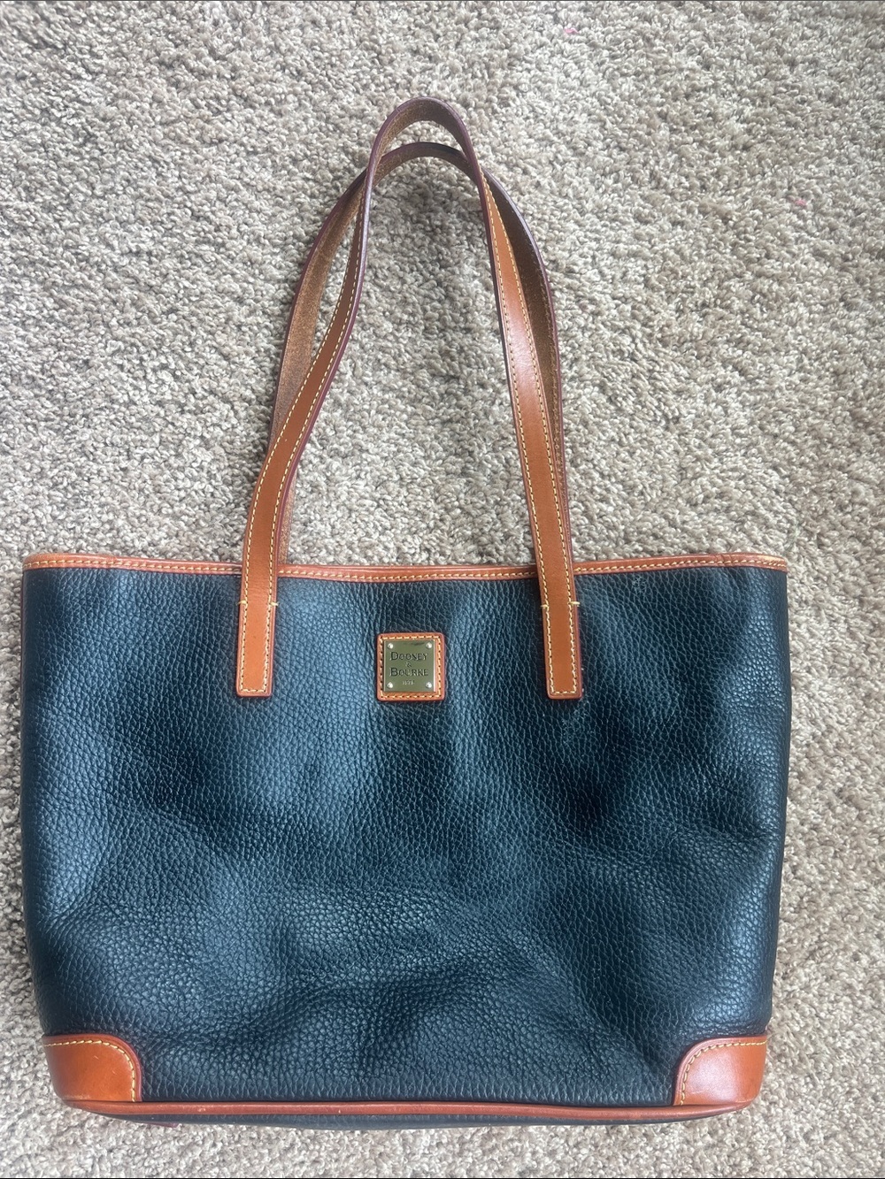 Dooney & Bourke Black Pebbled Leather Tote with Brown Trim and Handles